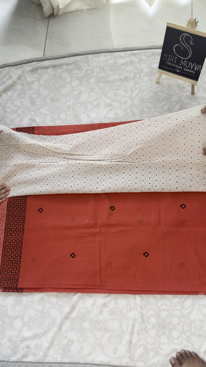 Coral Mulmul Cotton Saree