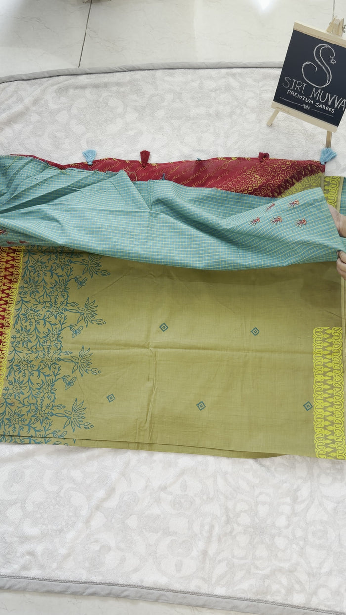 Yellow & Green Mulmul Cotton Saree
