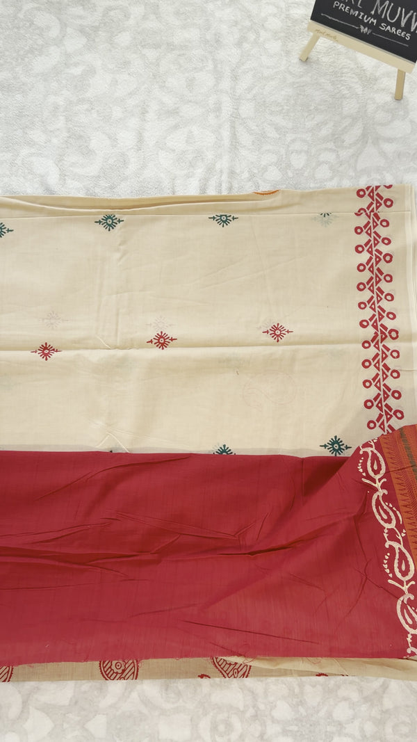 Cream & Red Mulmul Cotton Saree