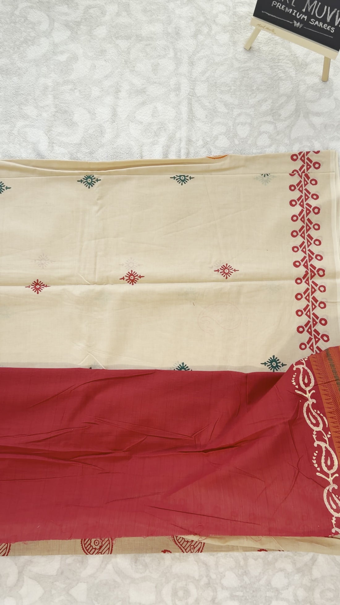 Cream & Red Mulmul Cotton Saree