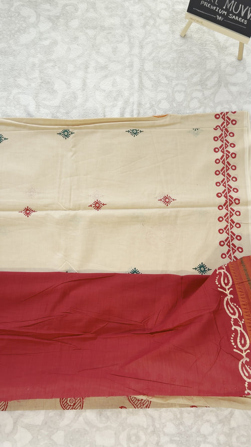 Cream and red mulmul cotton saree