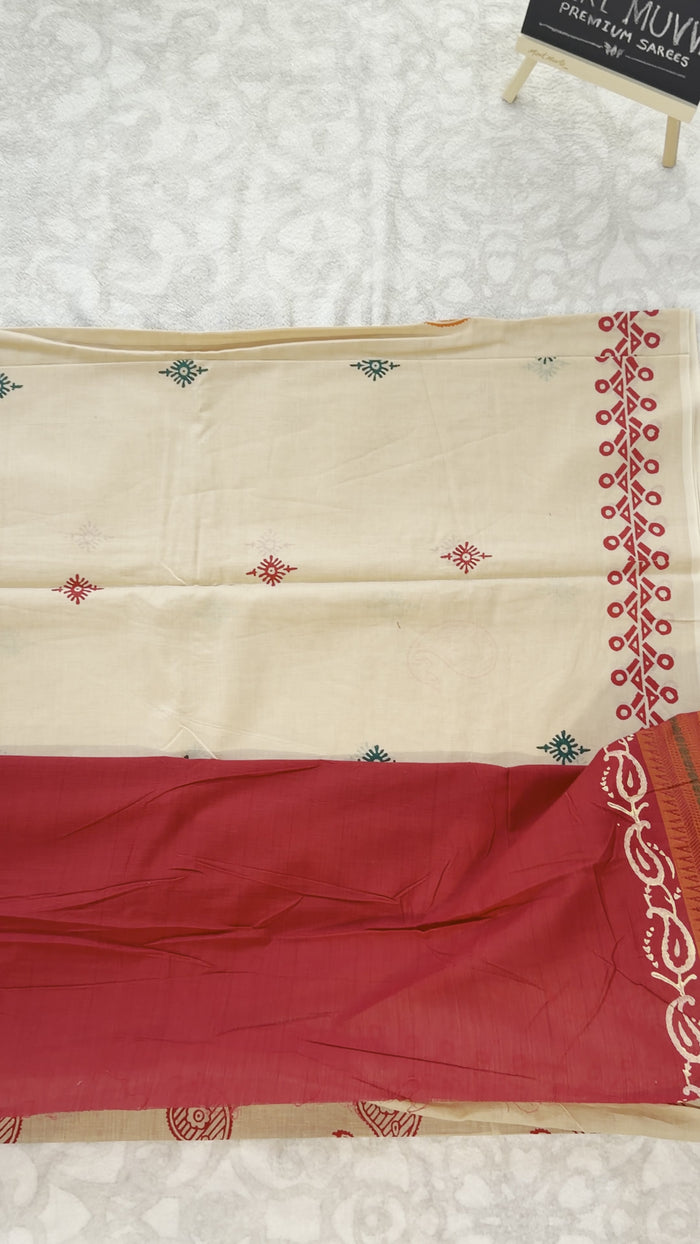 Cream & Red Mulmul Cotton Saree