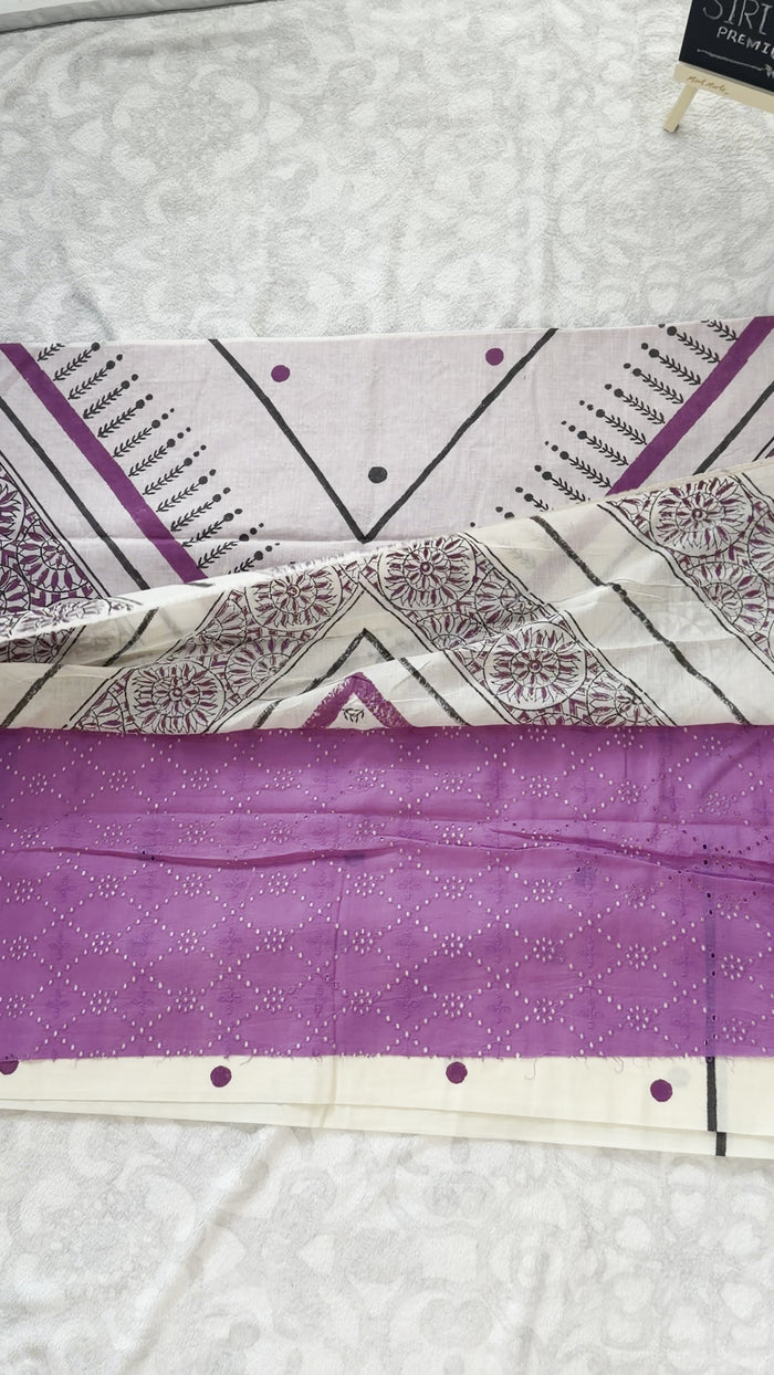 White & Black Block-Print Mulmul Cotton Saree