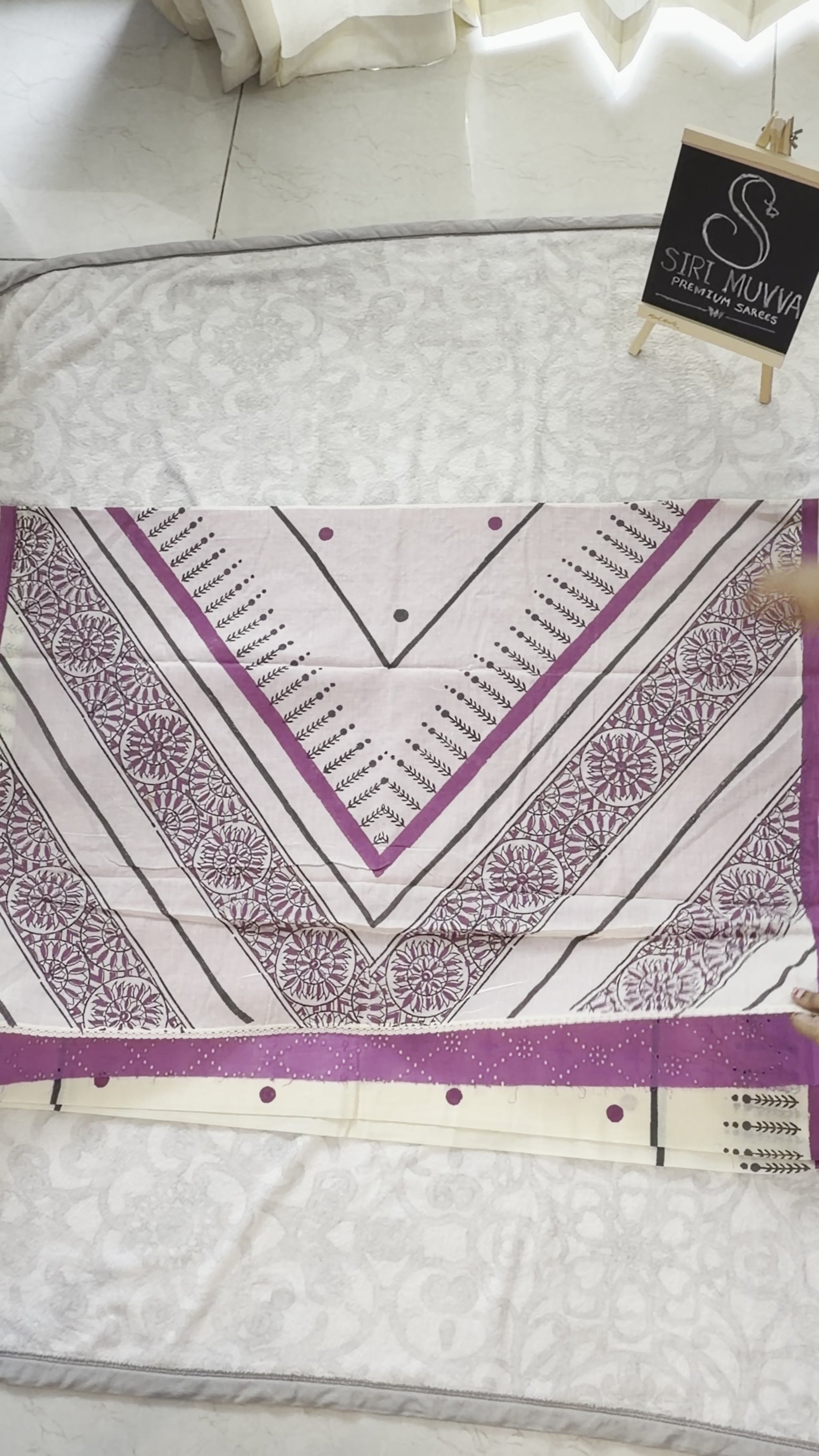 White & Black Block-Print Mulmul Cotton Saree