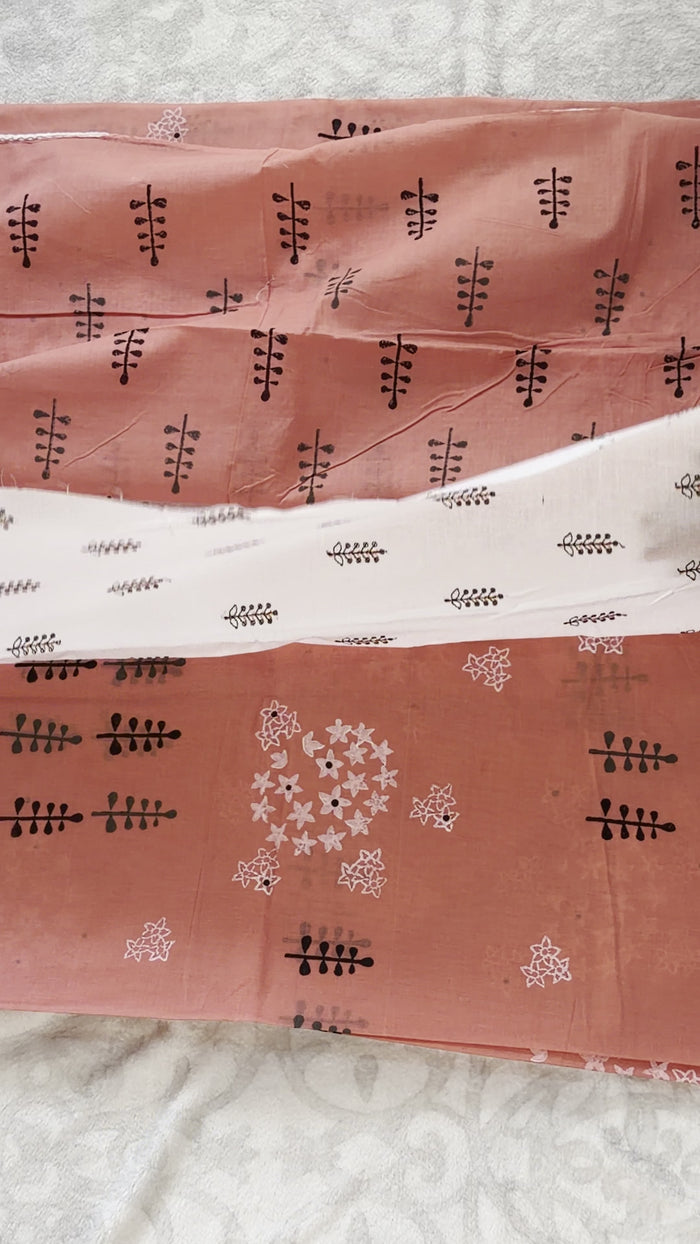 Peach Block-Print Mulmul Cotton Saree