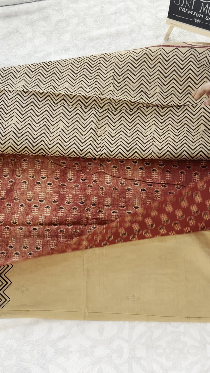 Beige Chevron Block-Print Mulmul Cotton Saree