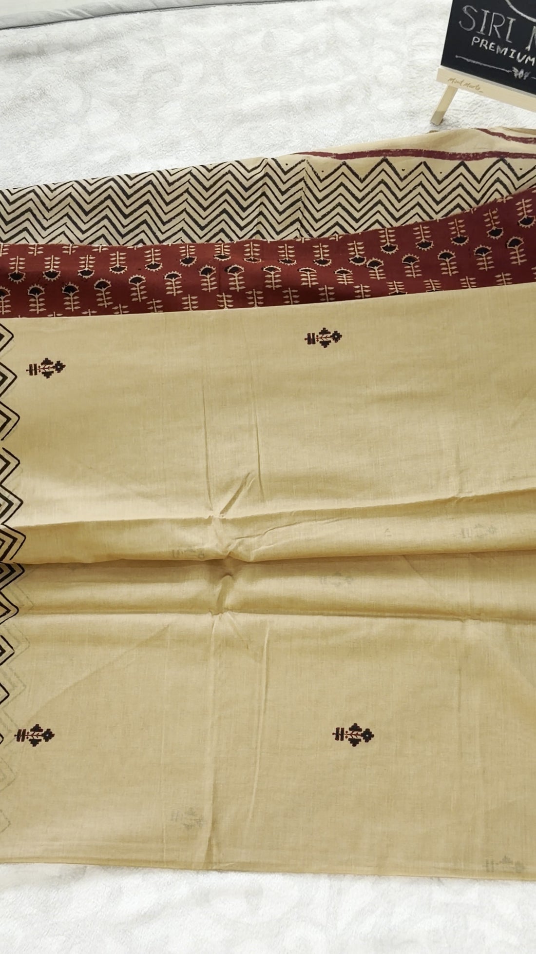Beige Chevron Block-Print Mulmul Cotton Saree