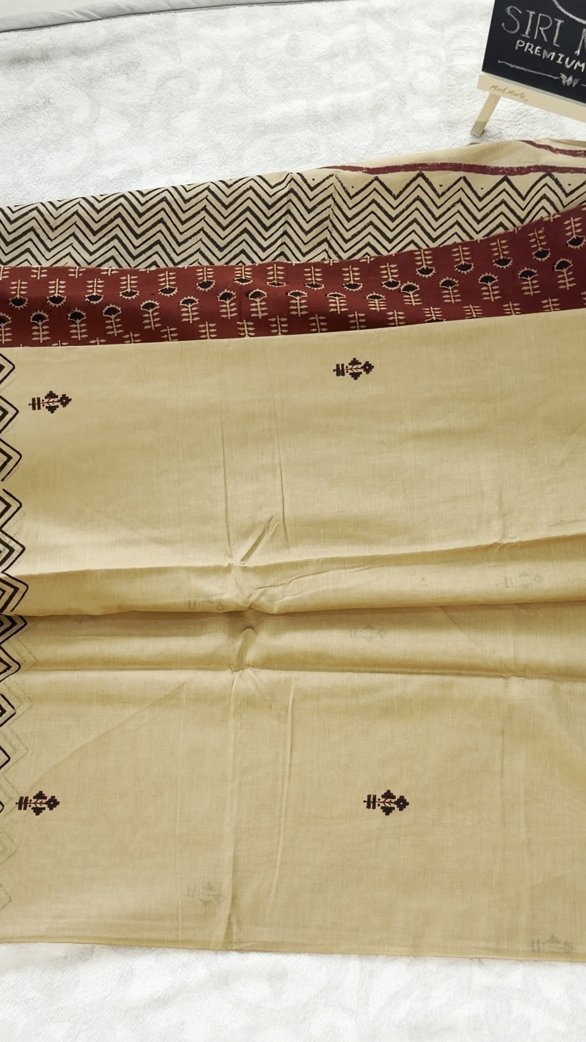 Beige Chevron Block-Print Mulmul Cotton Saree