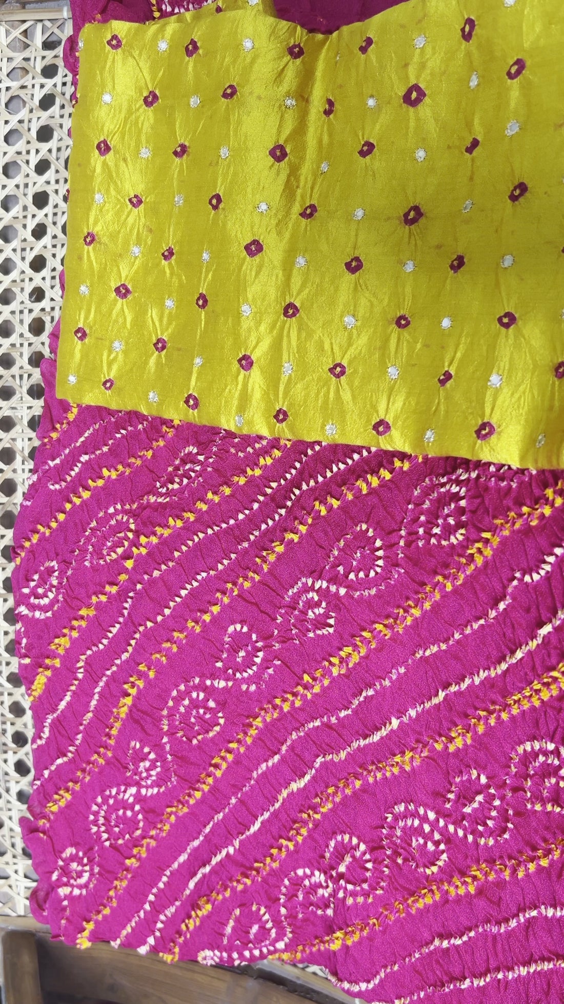 Rani Pink Bandhani Saree with Matching Blouse — Mustard Yellow Designer Set