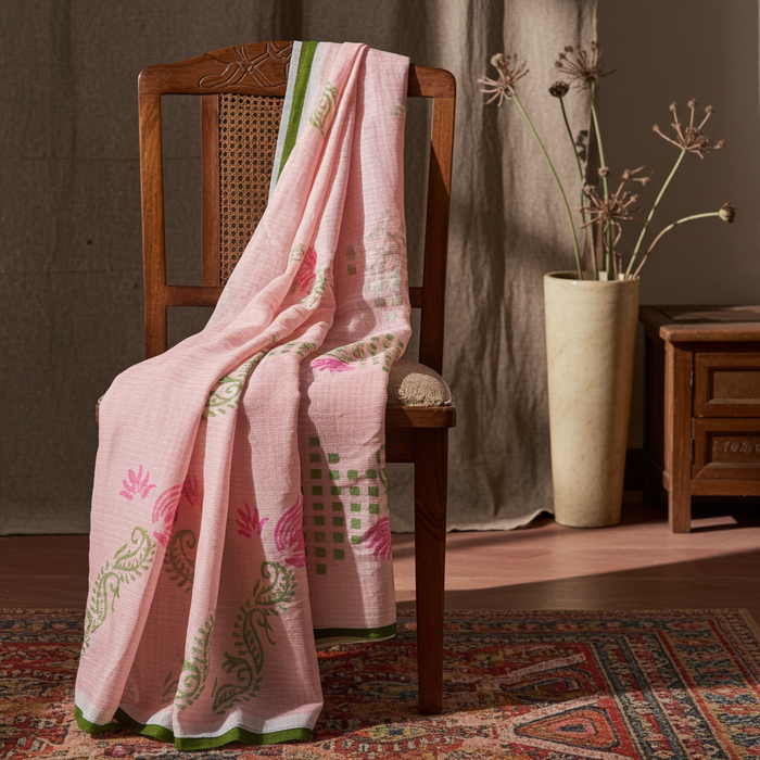 Pink Kota Saree — Block-Painted Lotus & Floral