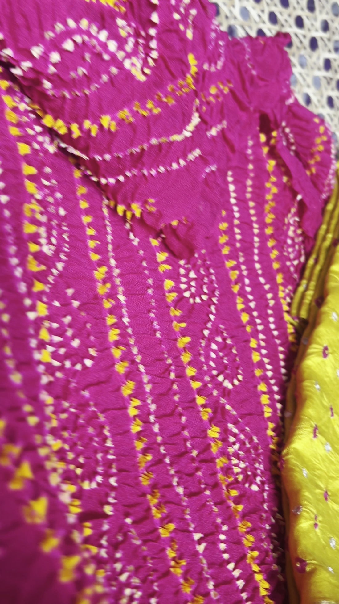 Rani Pink Bandhani Saree with Matching Blouse — Mustard Yellow Designer Set