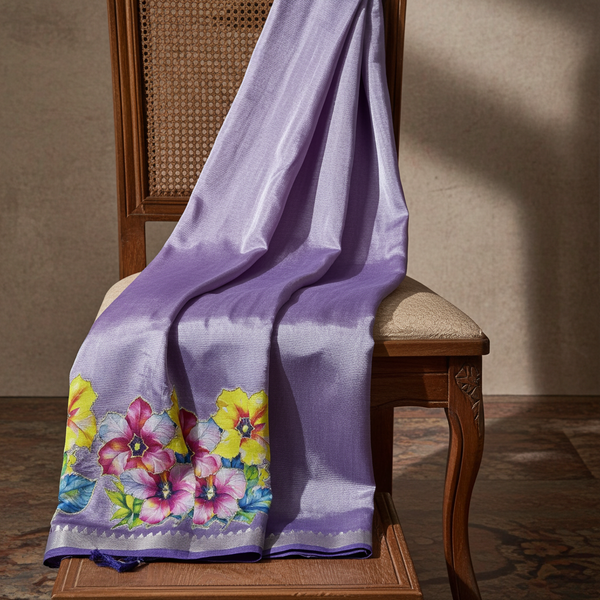 Lavender Mangalagiri Pattu Saree — Floral Applique Work
