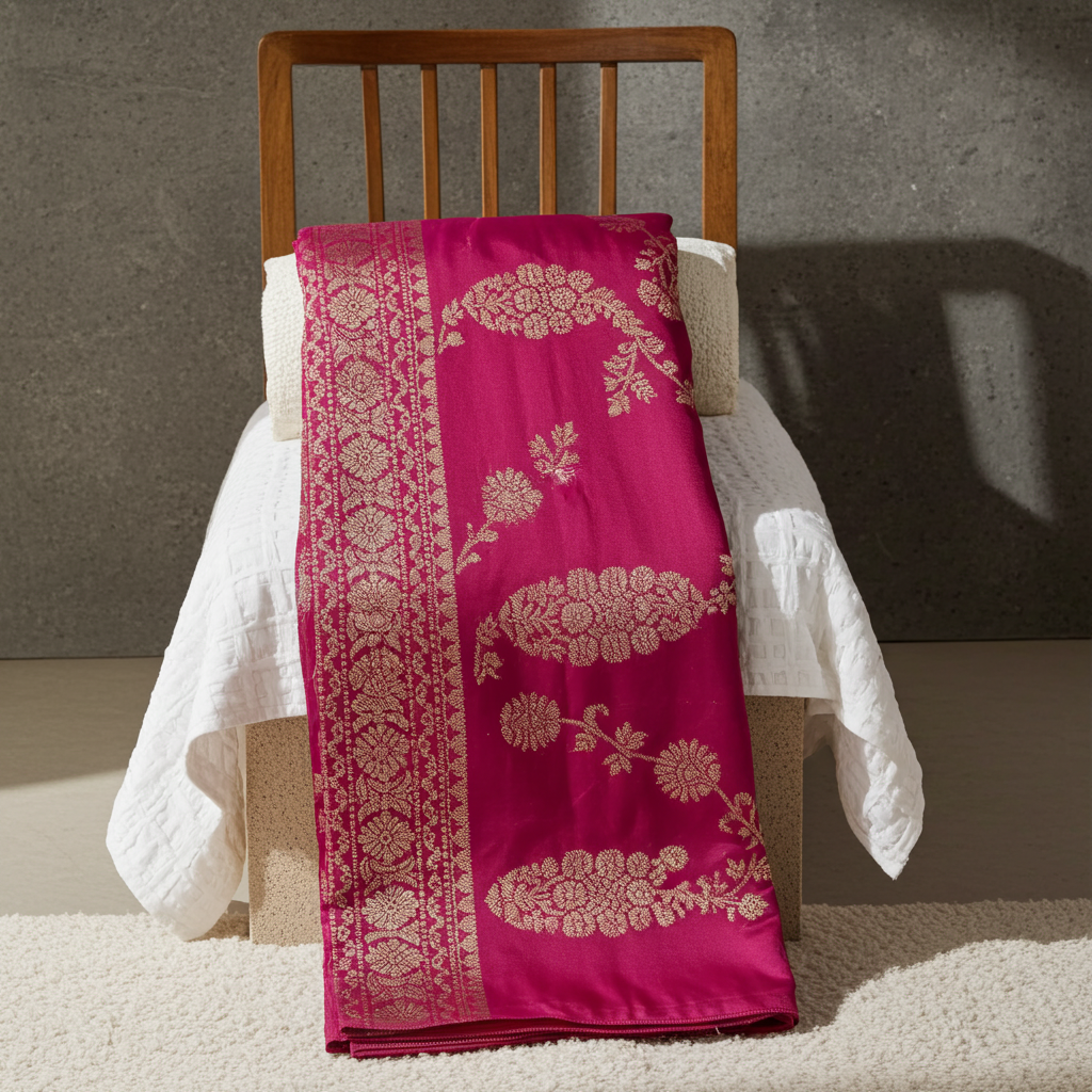Brick Red Khaddi Crepe Saree — Gold Zari Jaal