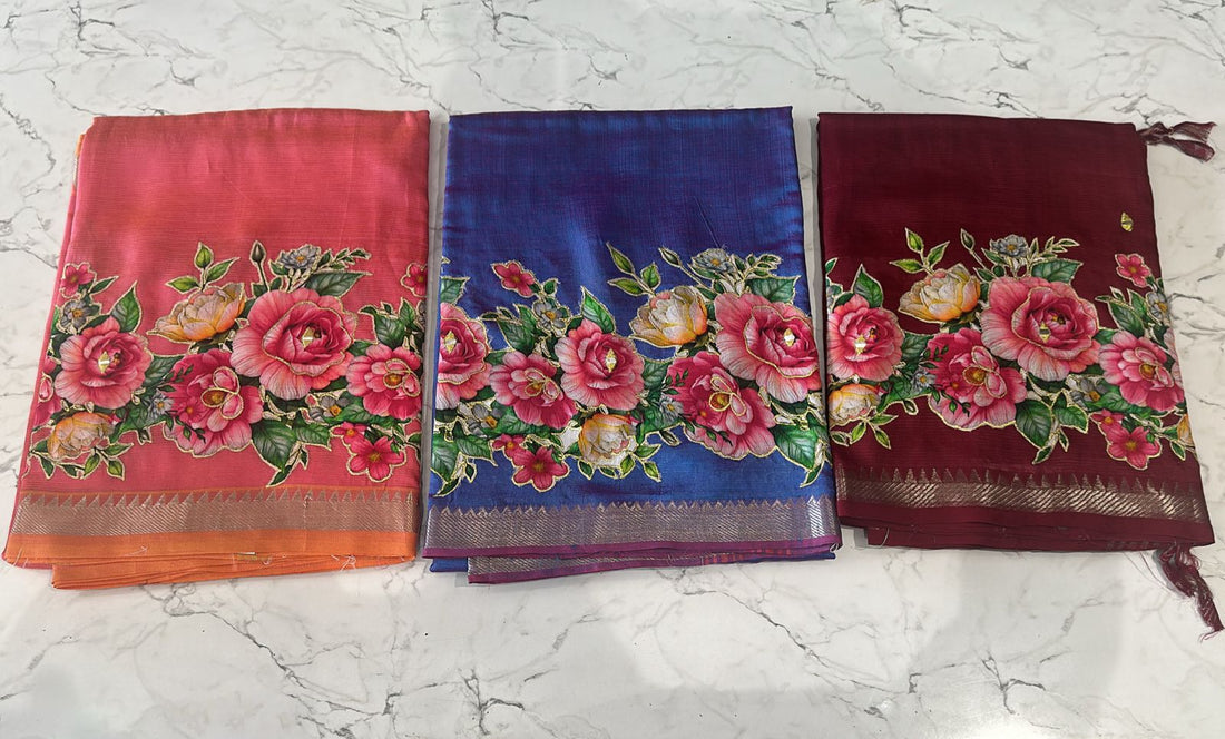 Lime Green Mangalagiri Pattu Saree — Floral Applique Work