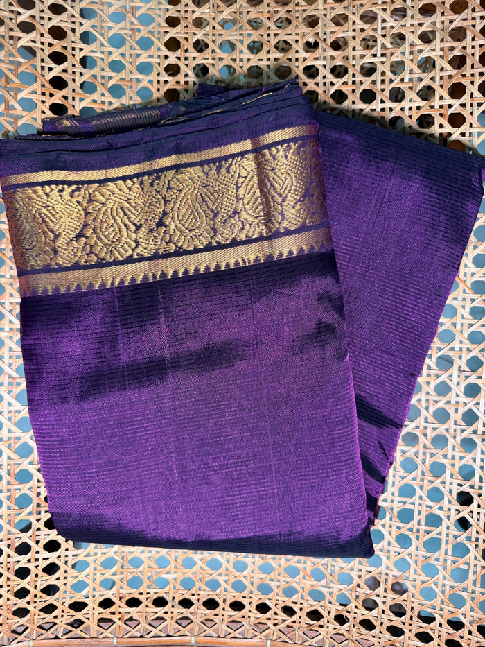 Dark Violet Mangalagiri Pattu Saree — Gold Zari Border