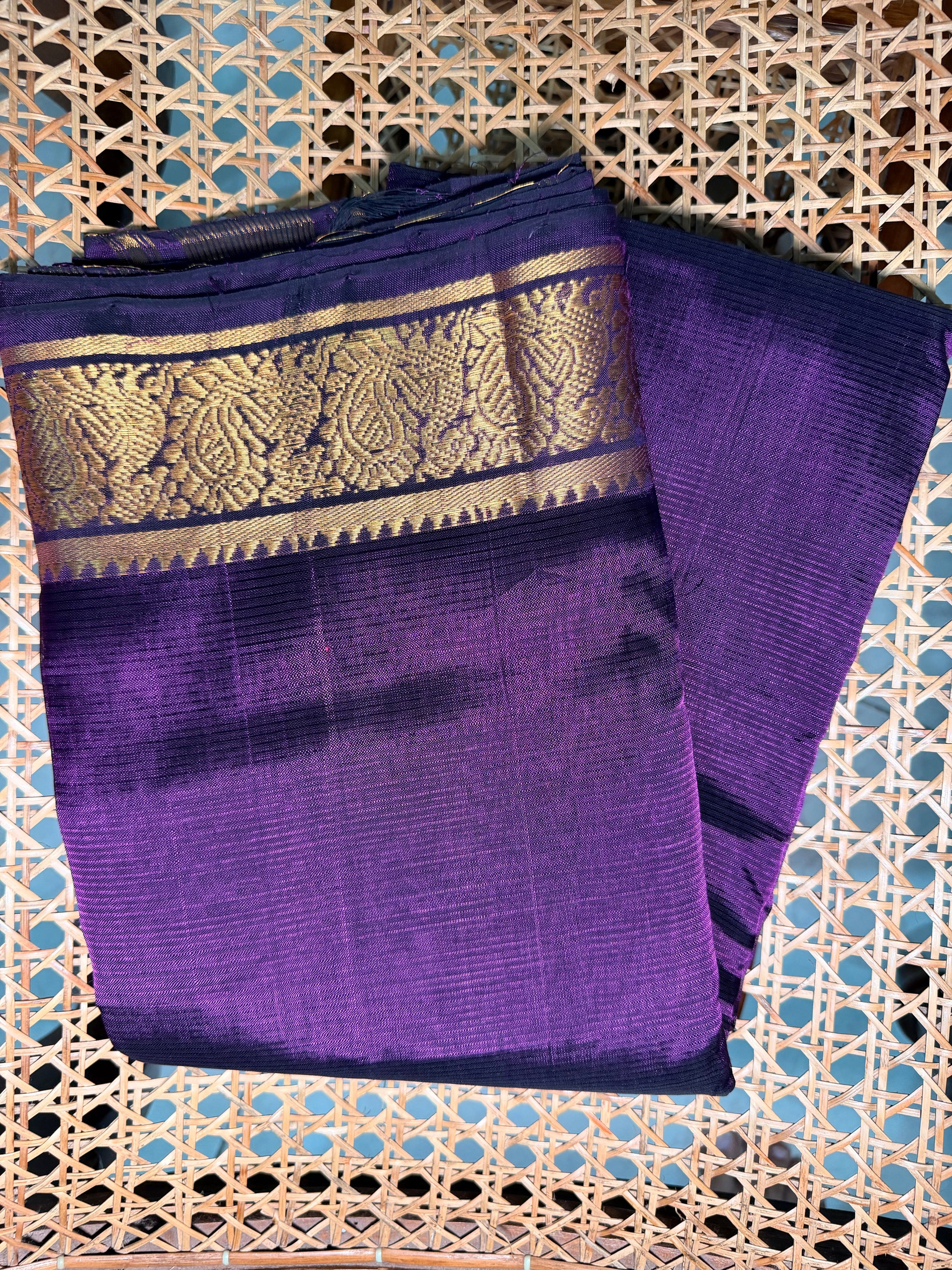 Dark Violet Mangalagiri Pattu Saree — Gold Zari Border