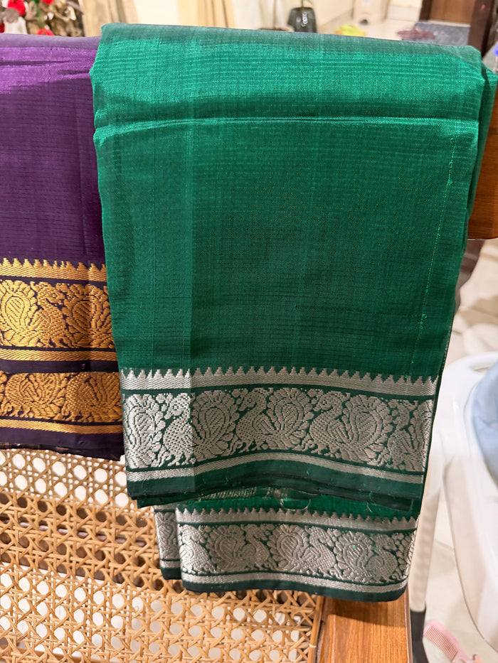 Dark Green Mangalagiri Pattu Saree — Zari Border