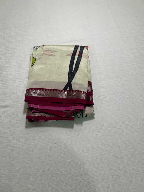 Cream body with magenta temple-motif silver zari border