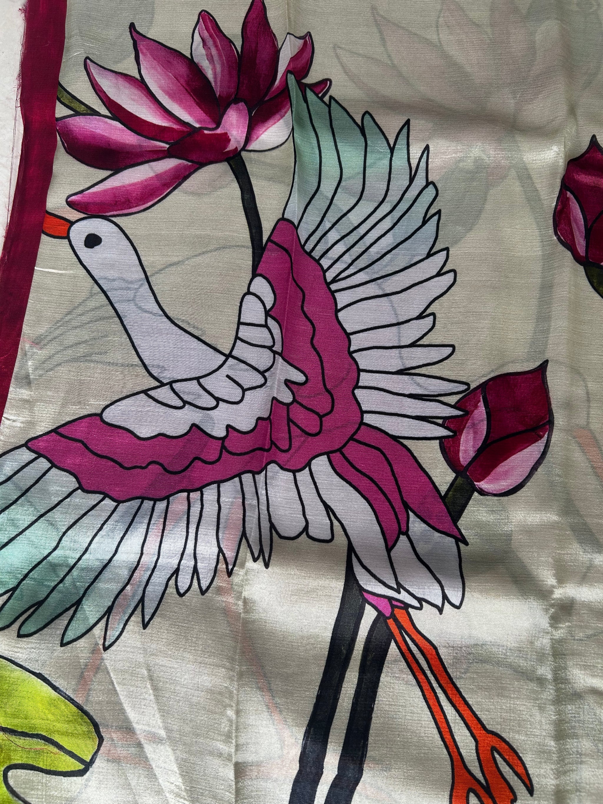 Cream Mangalagiri Saree — Kalamkari Crane Digital Print