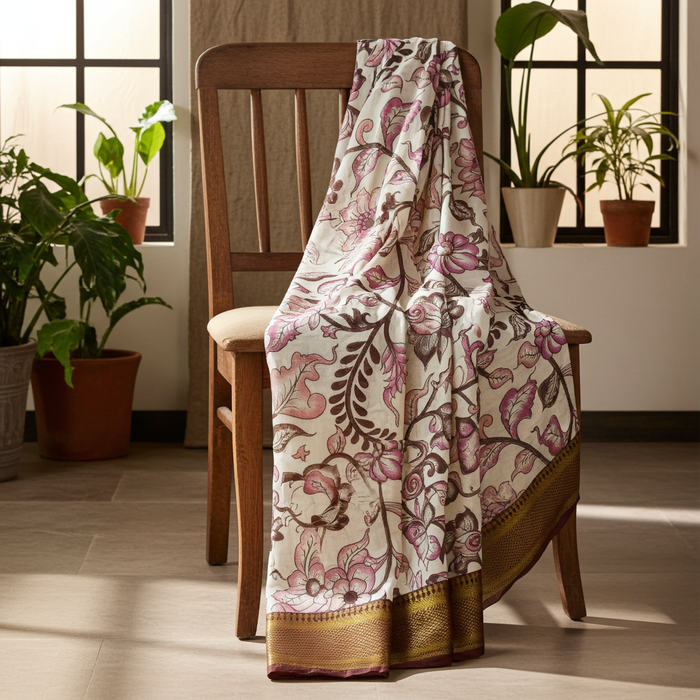 Off-White Kalamkari Saree — Nizam Zari Border