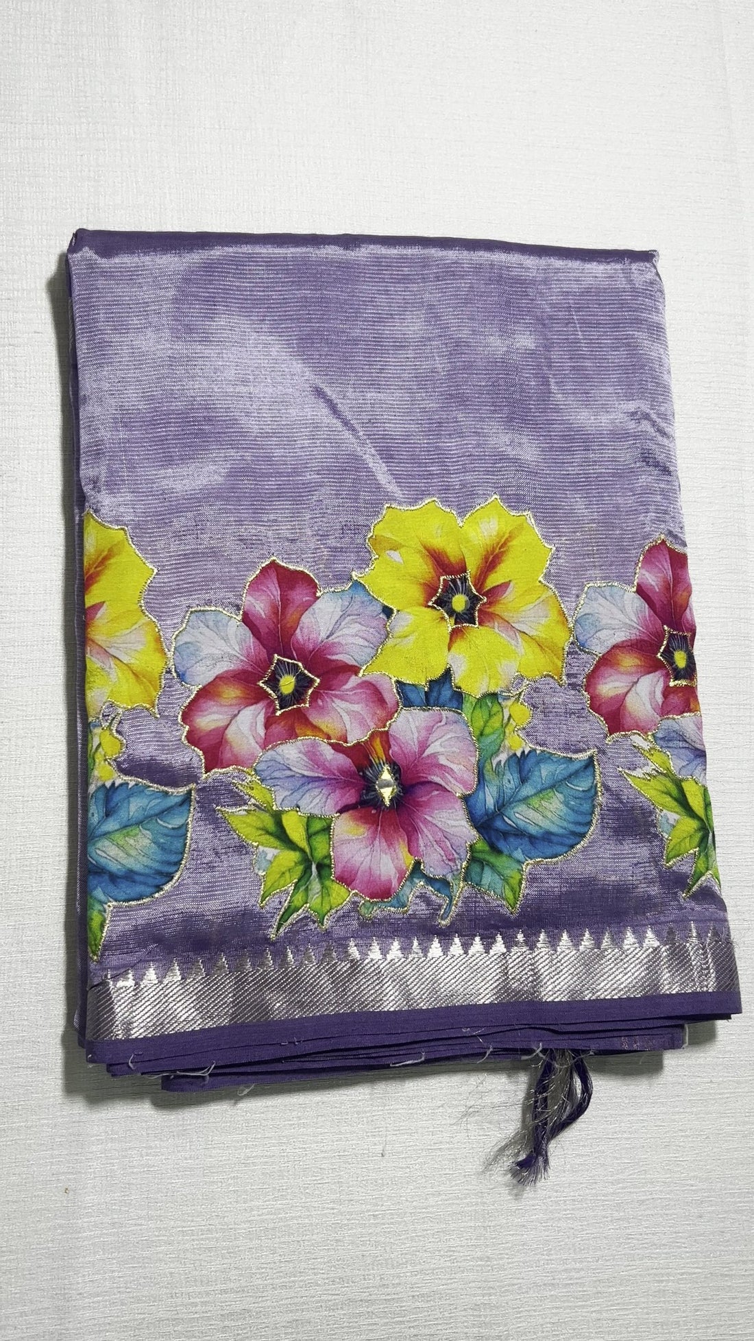 Lavender Mangalagiri Pattu Saree — Floral Applique Work