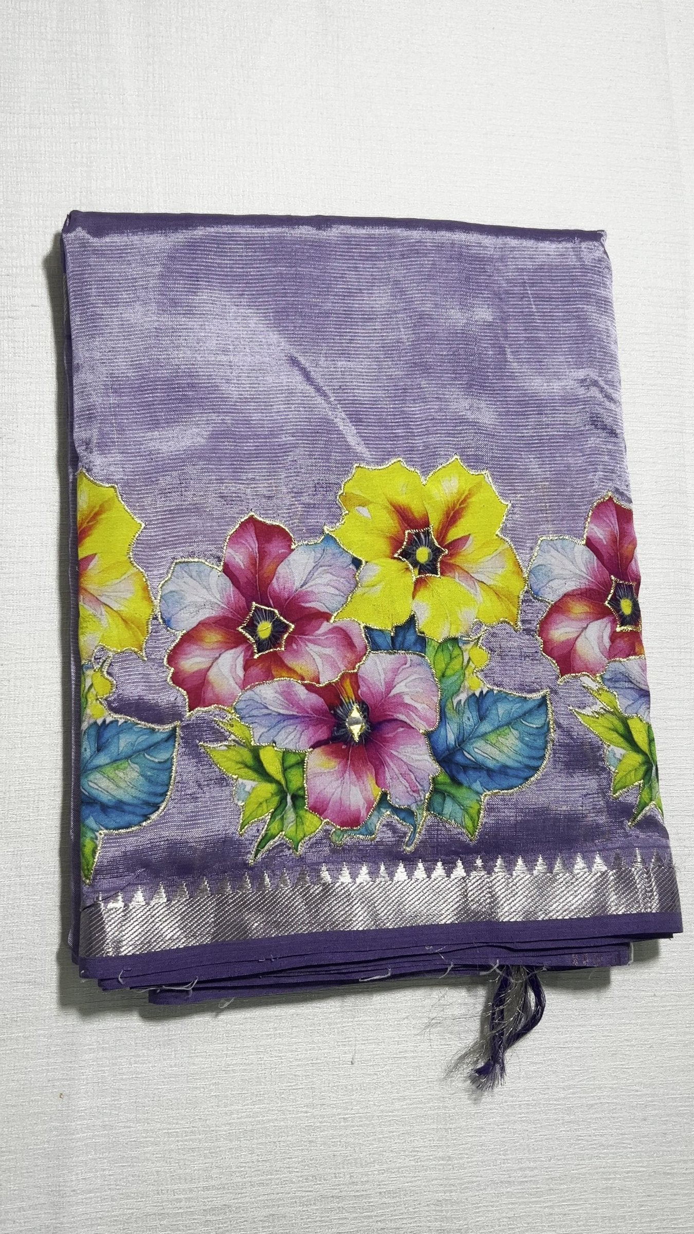 Lavender Mangalagiri Pattu Saree — Floral Applique Work