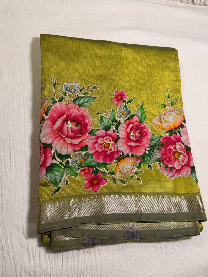 Lime Green Mangalagiri Pattu Saree — Floral Applique Work