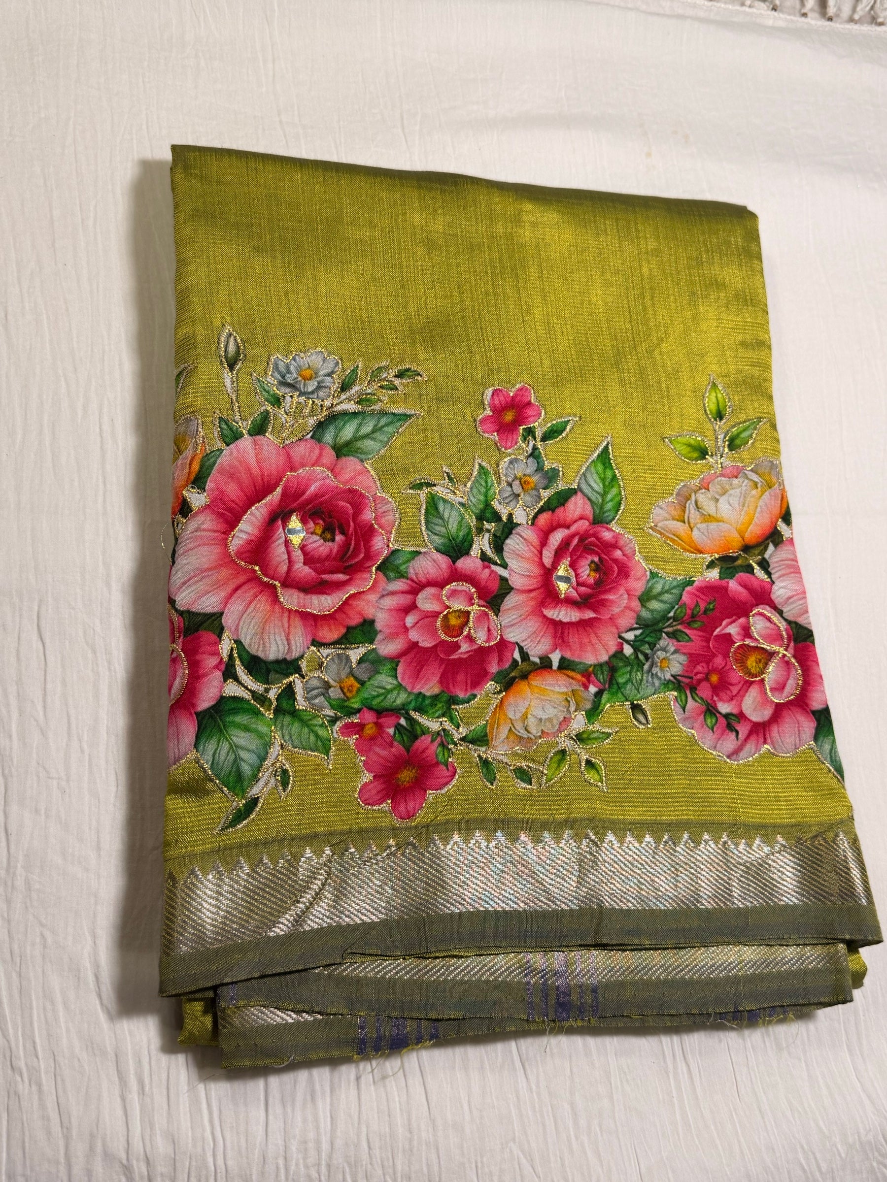 Lime Green Mangalagiri Pattu Saree — Floral Applique Work