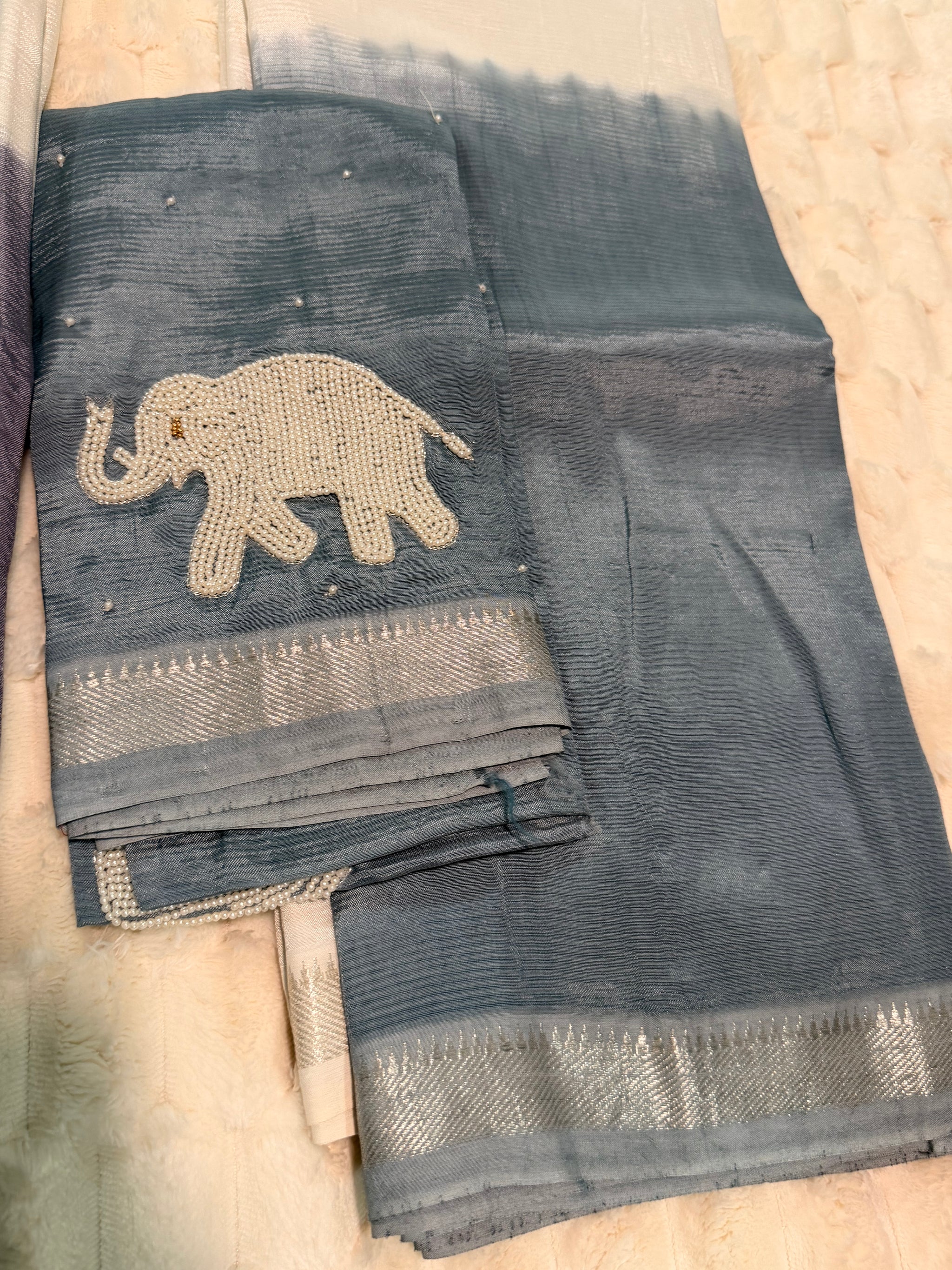 Steel Blue Half & Half Shibori Mangalagiri Pattu Saree — Pearl-Work Elephant Blouse