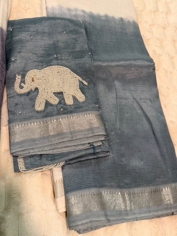Steel Blue Half & Half Shibori Mangalagiri Pattu Saree — Pearl-Work Elephant Blouse