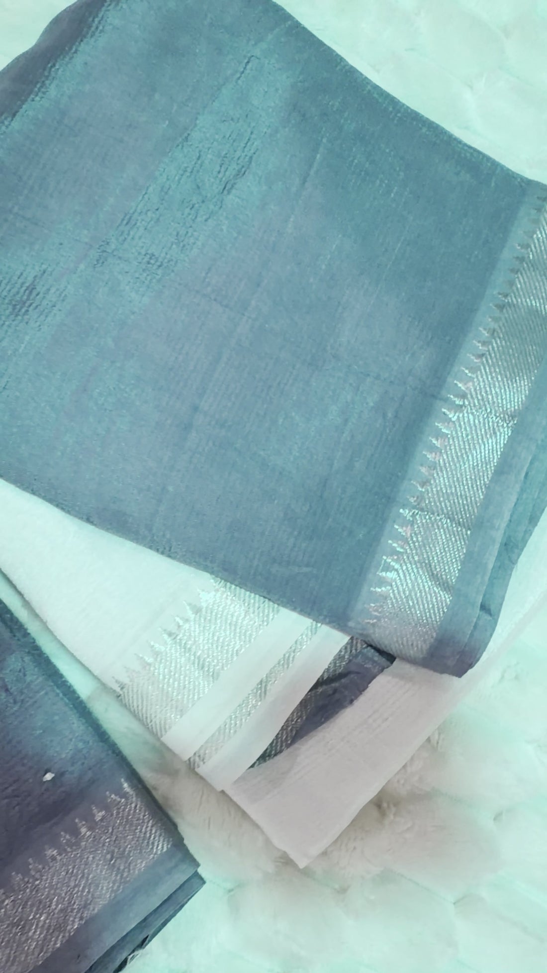 Steel Blue Half & Half Shibori Mangalagiri Pattu Saree — Pearl-Work Elephant Blouse
