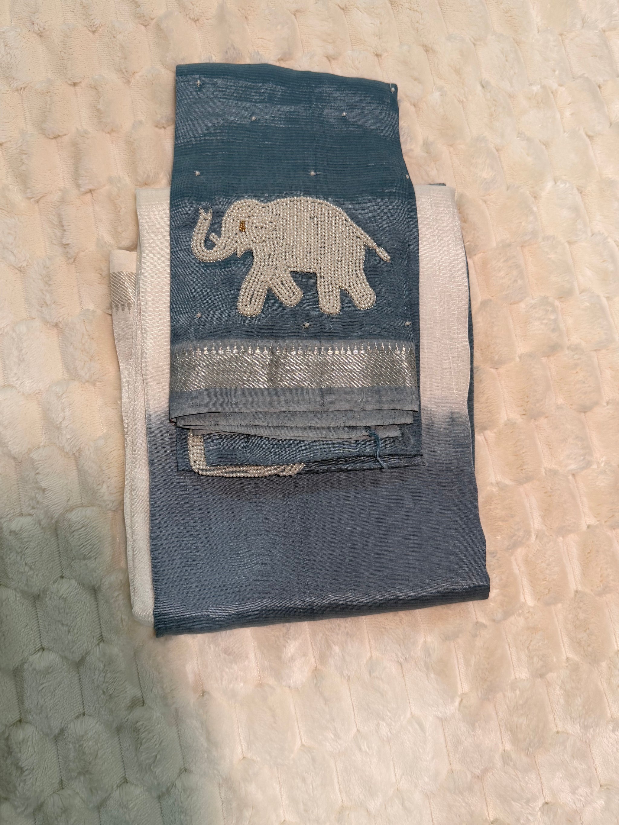 Steel Blue Half & Half Shibori Mangalagiri Pattu Saree — Pearl-Work Elephant Blouse