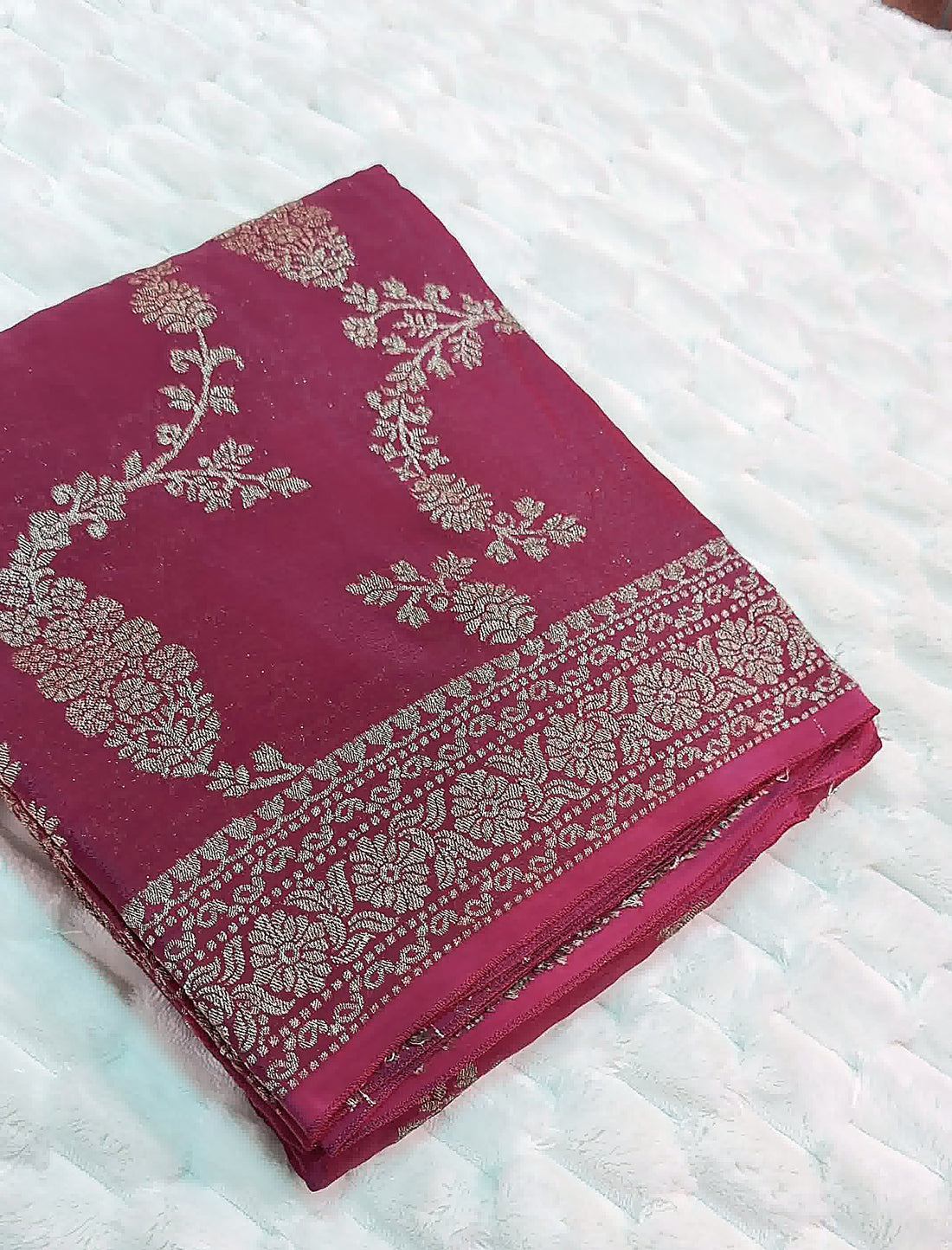 Brick Red Khaddi Crepe Saree — Gold Zari Jaal