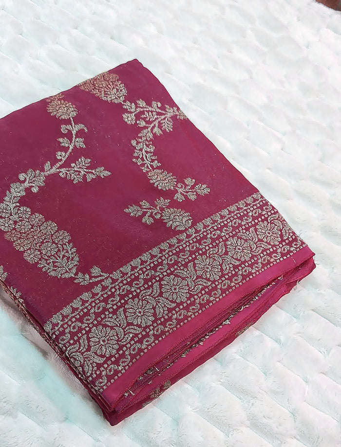 Brick Red Khaddi Crepe Saree — Gold Zari Jaal
