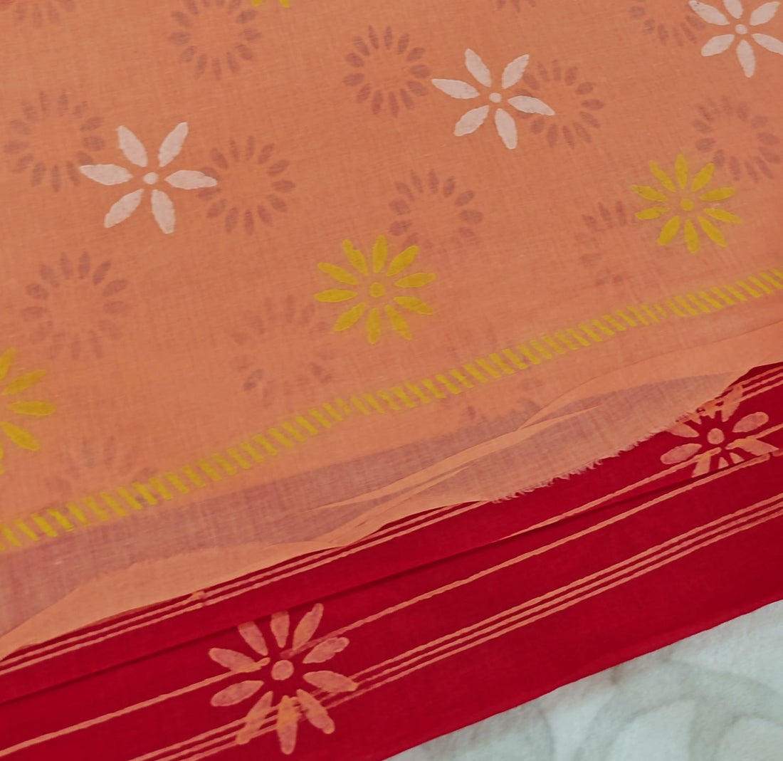 Coral Red Cotton Block-Print Saree