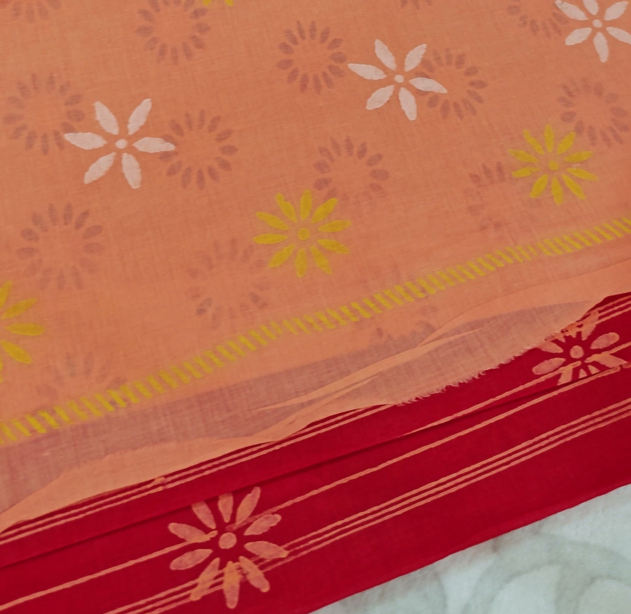 Coral Red Cotton Block-Print Saree
