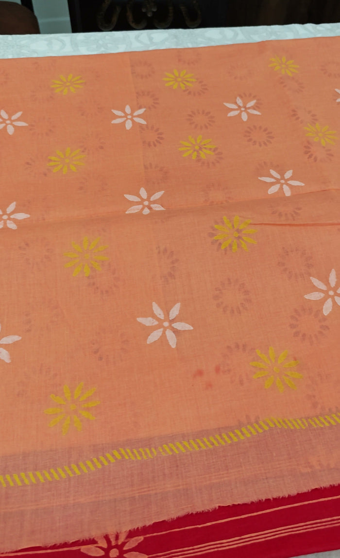 Coral Red Cotton Block-Print Saree