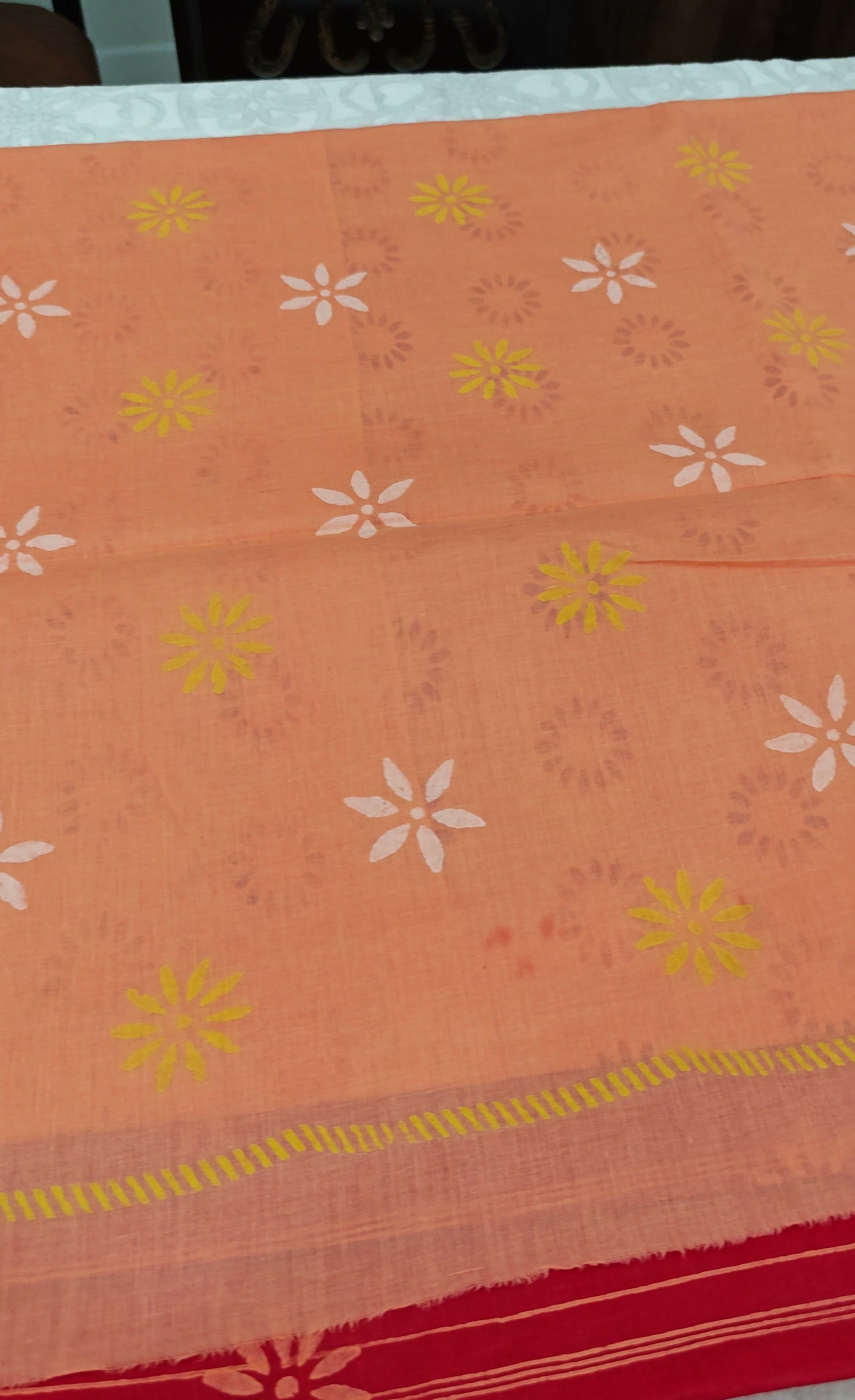 Coral Red Cotton Block-Print Saree
