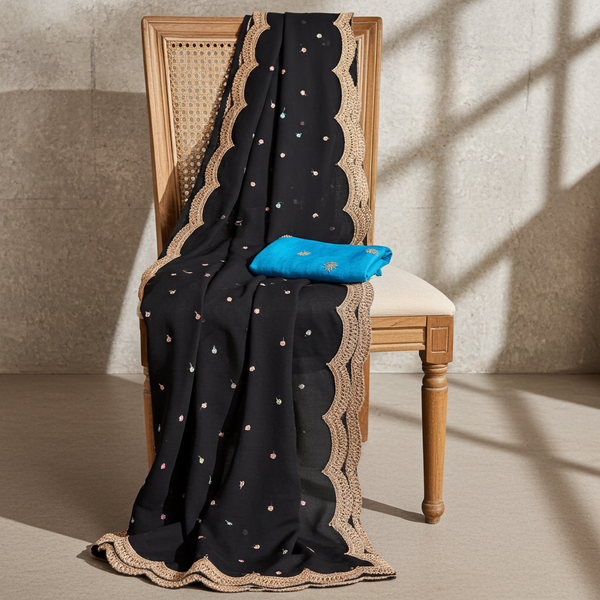 Black Georgette Saree — Scalloped Lace Border & Embroidered Buti