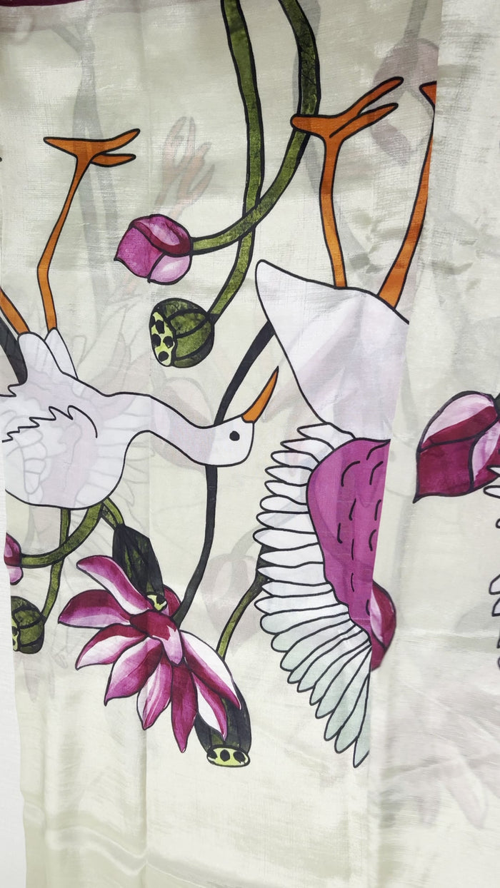 Cream Mangalagiri Saree — Kalamkari Crane Digital Print
