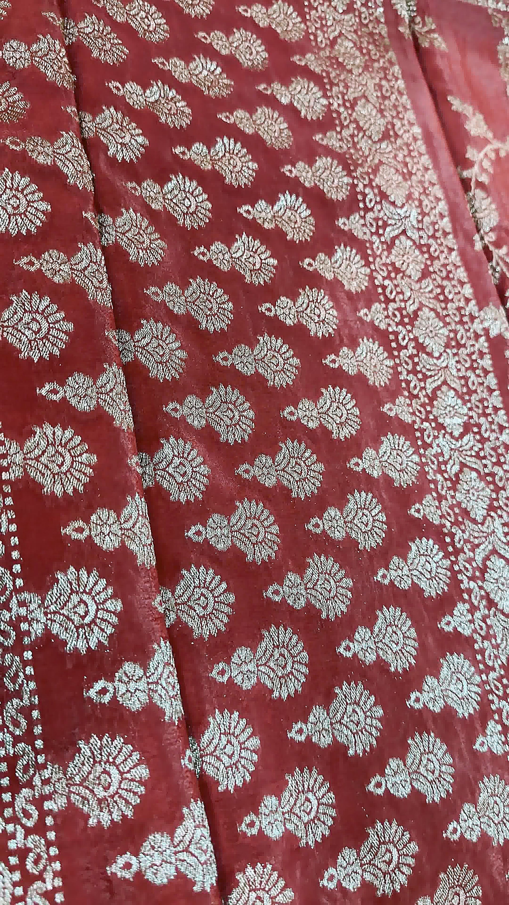 Brick Red Khaddi Crepe Saree — Gold Zari Jaal