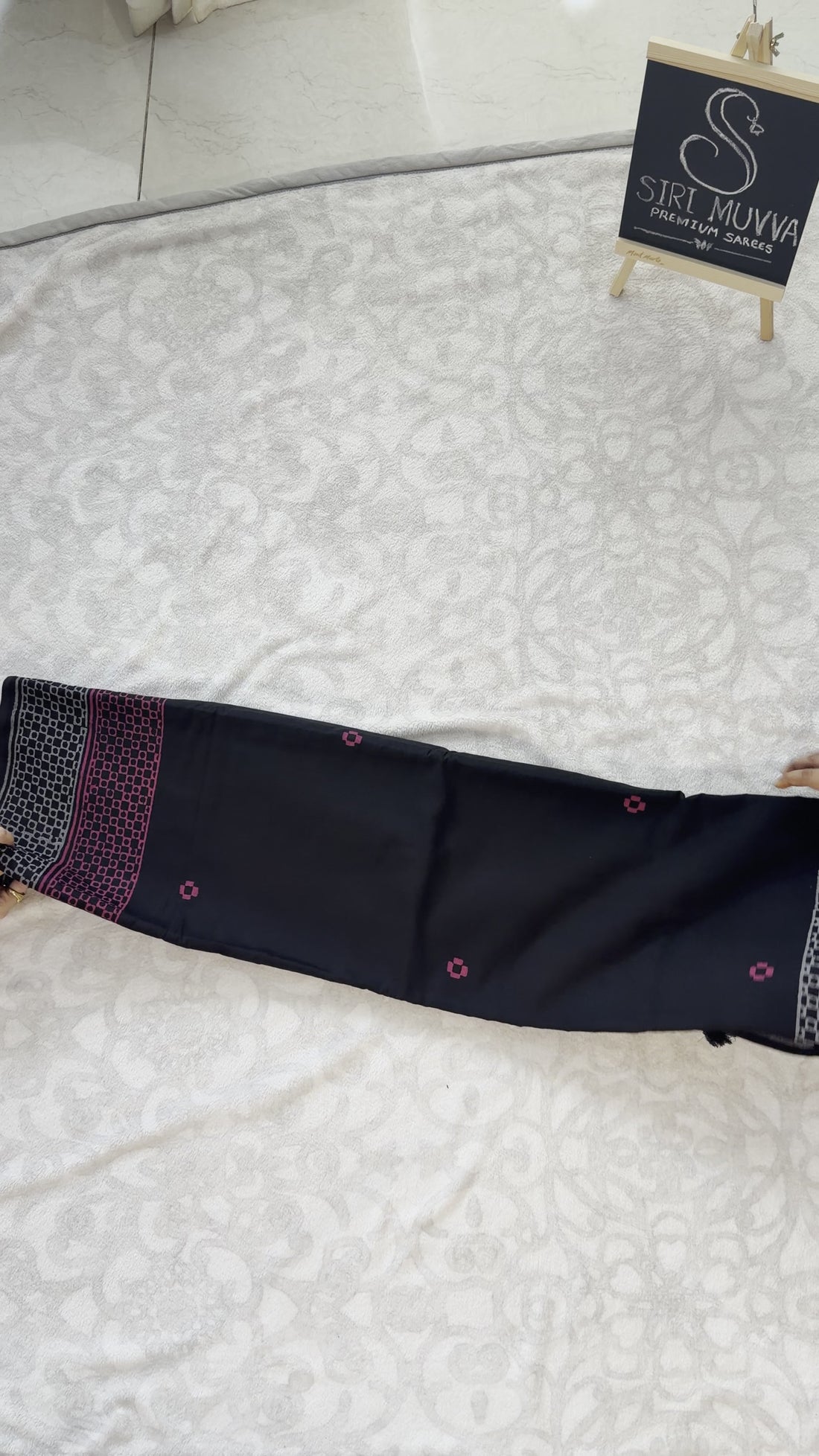 Black Mulmul Cotton Saree — Pink Block-Print Border