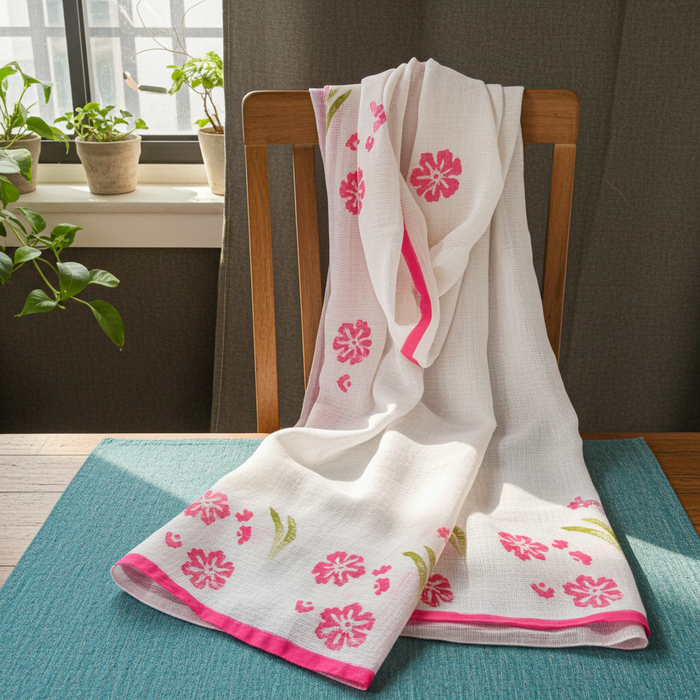 Light Sea Blue Kota Saree — Block-Painted Pink Floral