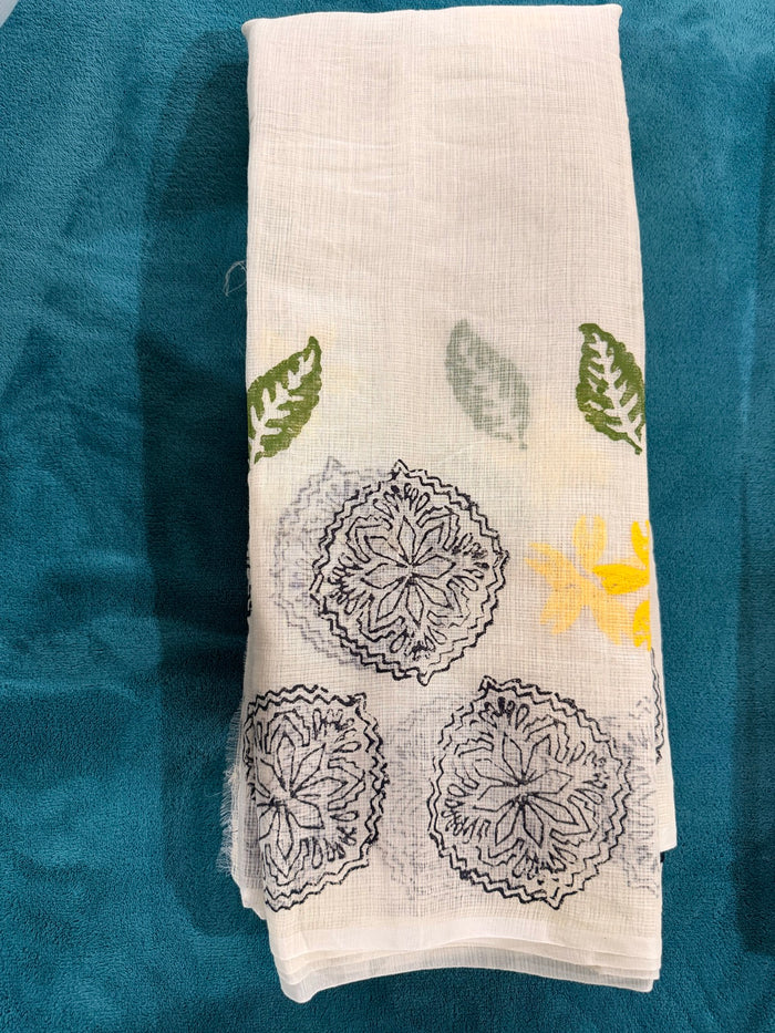 Light Lemon Yellow Kota Saree — Block-Painted Navy Blue Medallion