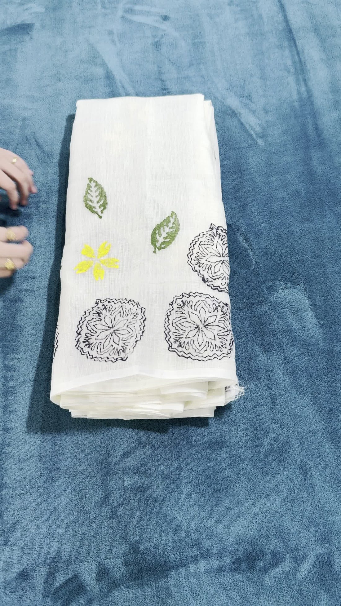 Light Lemon Yellow Kota Saree — Block-Painted Navy Blue Medallion