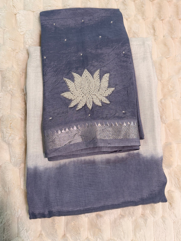 Dusty Lavender Mangalagiri Pattu Saree — Half & Half Shibori with Pearl-Work Lotus Blouse