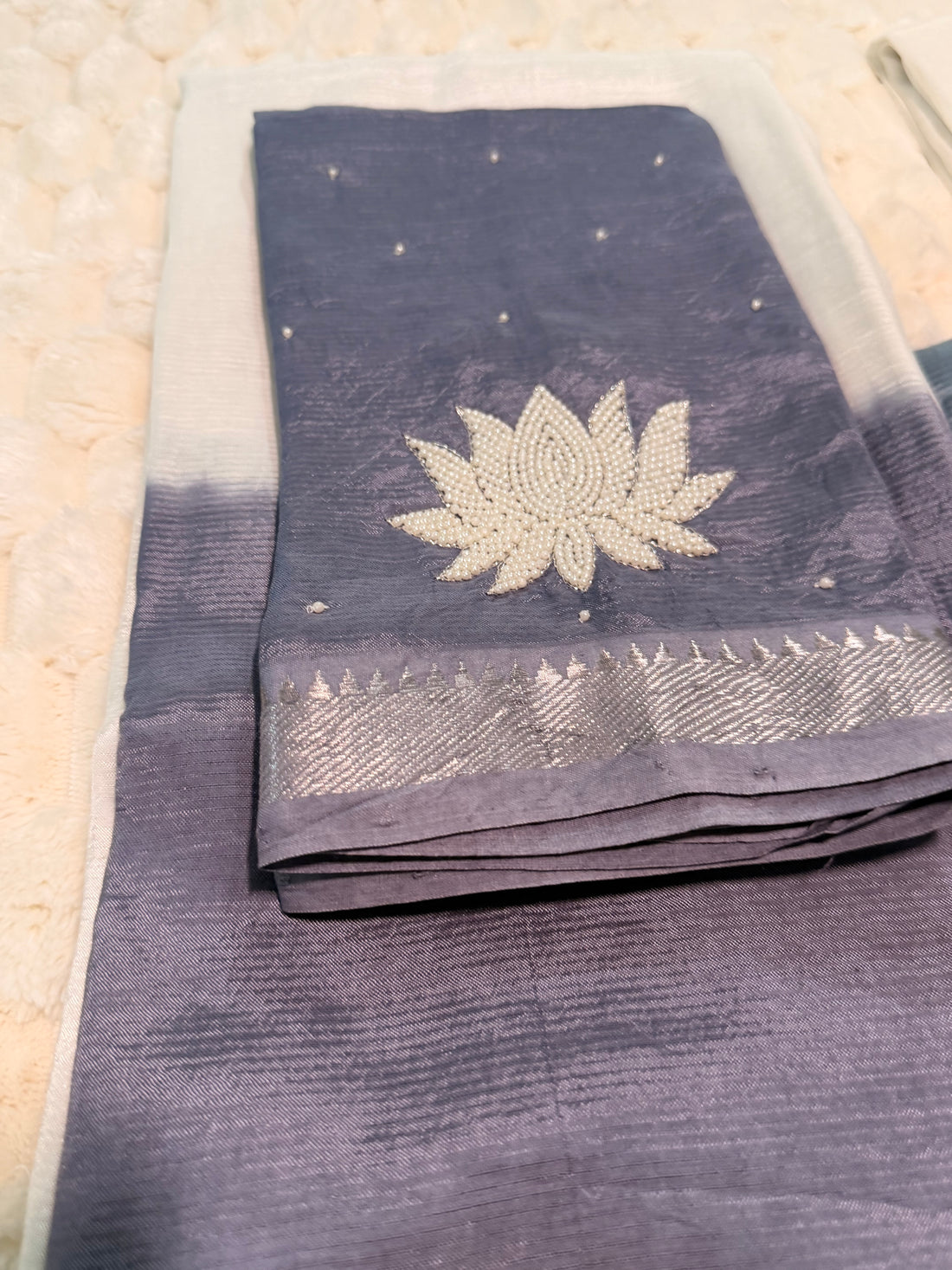 Dusty Lavender Mangalagiri Pattu Saree — Half & Half Shibori with Pearl-Work Lotus Blouse