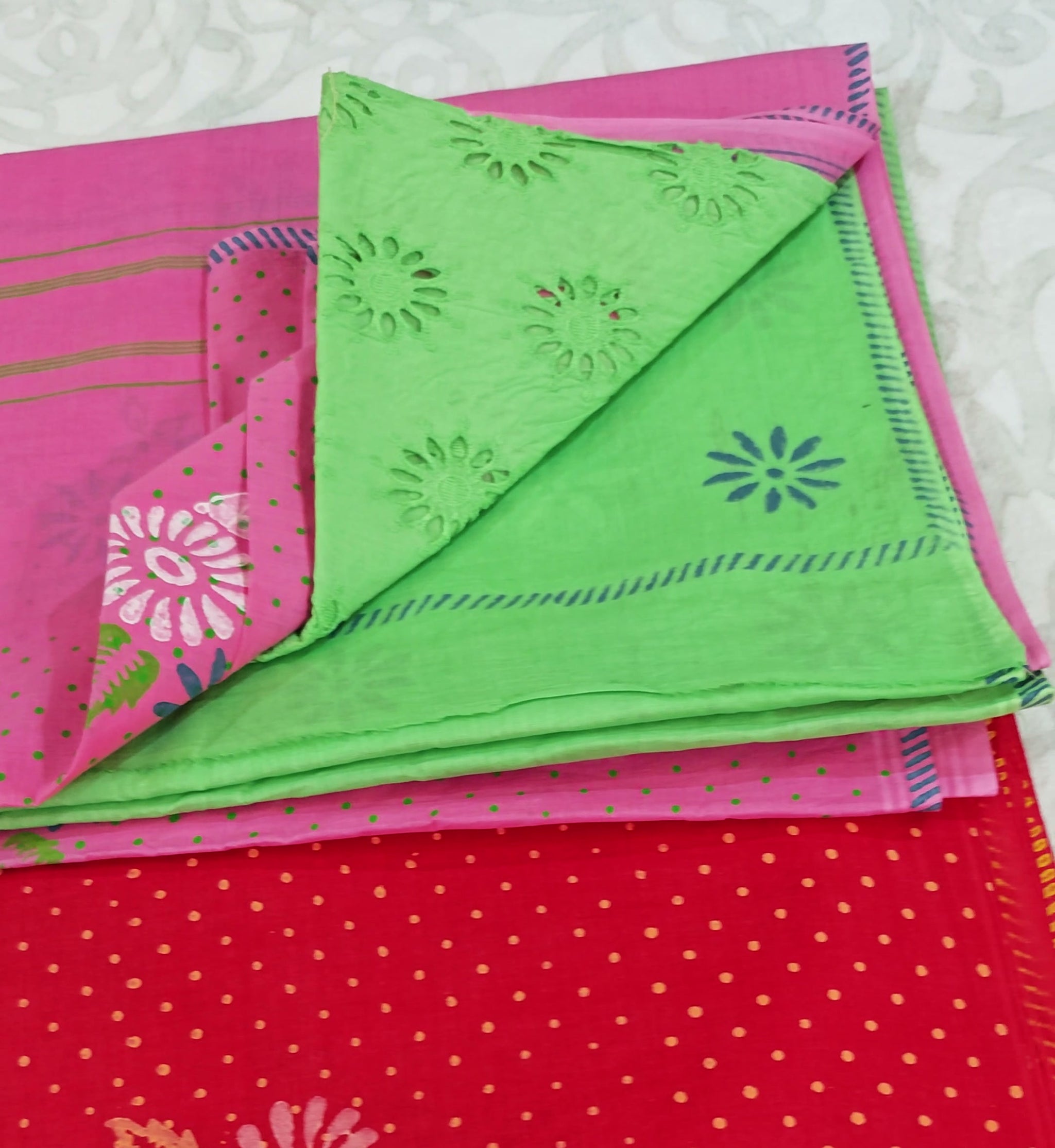 Lime Green Cotton Block-Print Saree