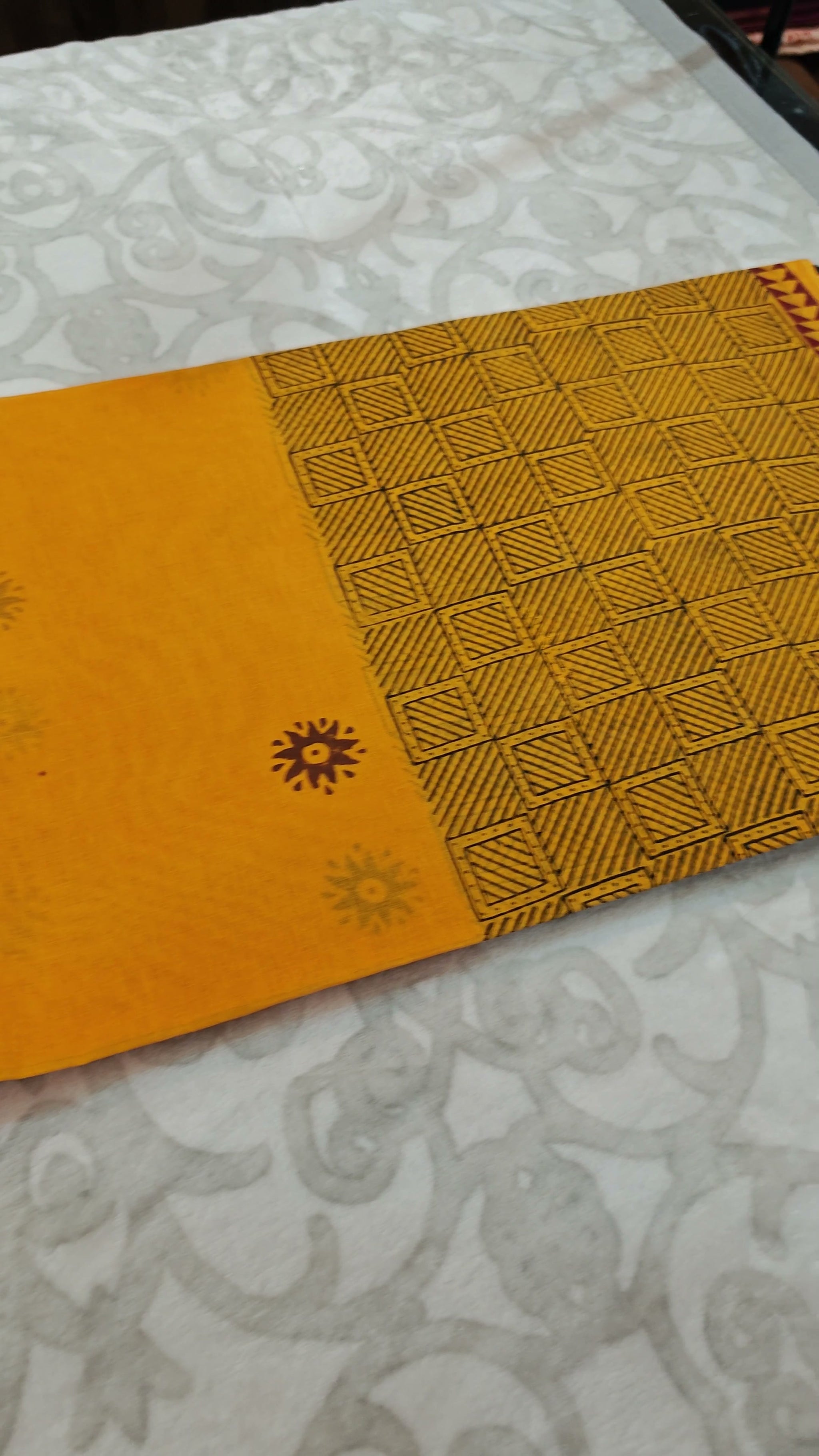 Mustard Cotton Block-Print Saree