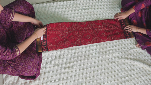 Ajrakh print Maheshwari silk saree, Red & Black 15 — unfolding video showing the body, pallu and blouse piece